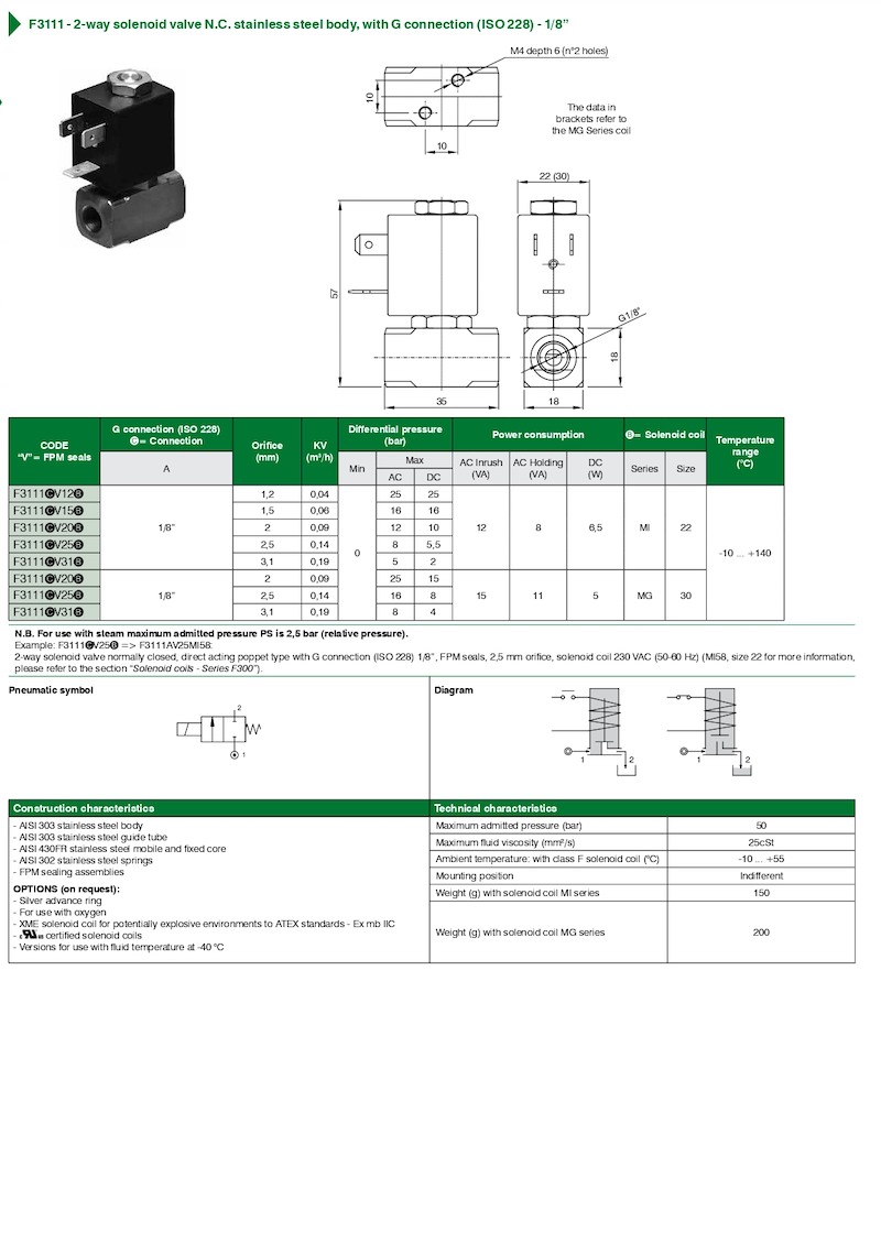 F3111 – 2-way solenoid valve N.C. stainless steel body, with G connection (ISO 228) – 1/8”