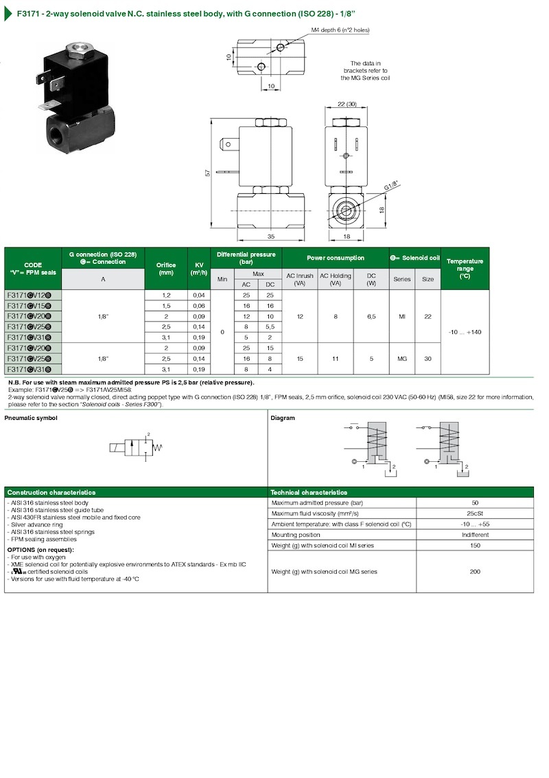 F3171 – 2-way solenoid valve N.C. stainless steel body, with G connection (ISO 228) – 1/8”