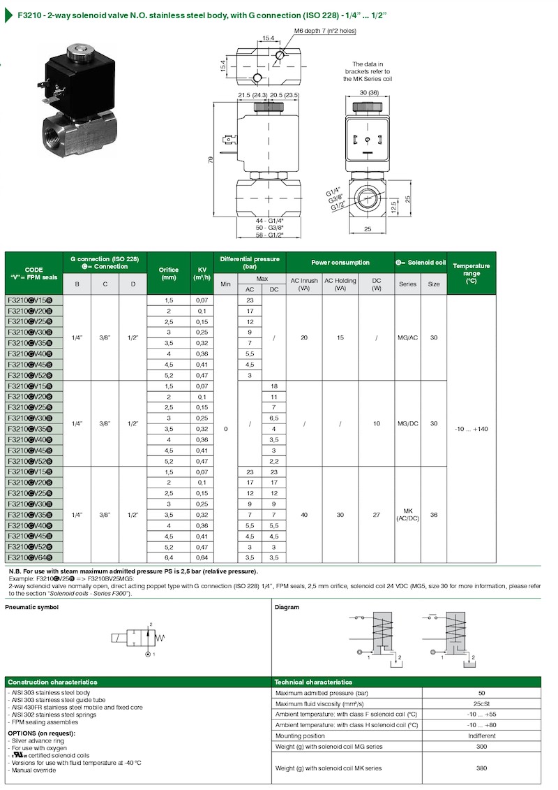 F3210 – 2-way solenoid valve N.O. stainless steel body, with G connection (ISO 228) – 1/4” … 1/2”