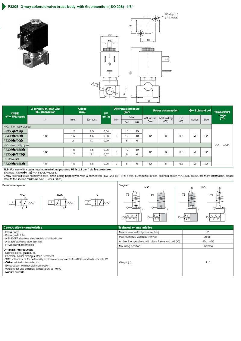F3305 – 3-way solenoid valve brass body, with G connection (ISO 228) – 1/8”