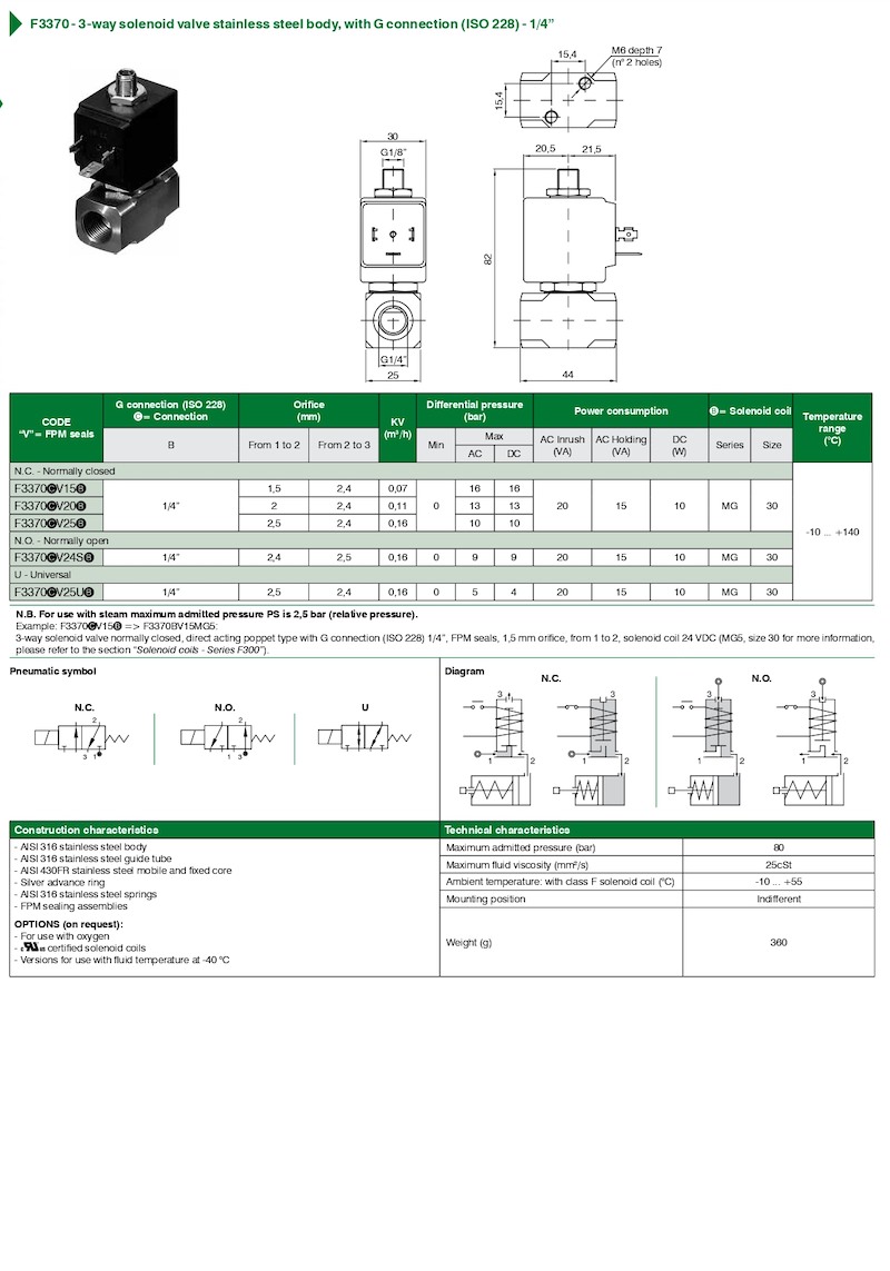 F3370 – 3-way solenoid valve stainless steel body, with G connection (ISO 228) – 1/4”